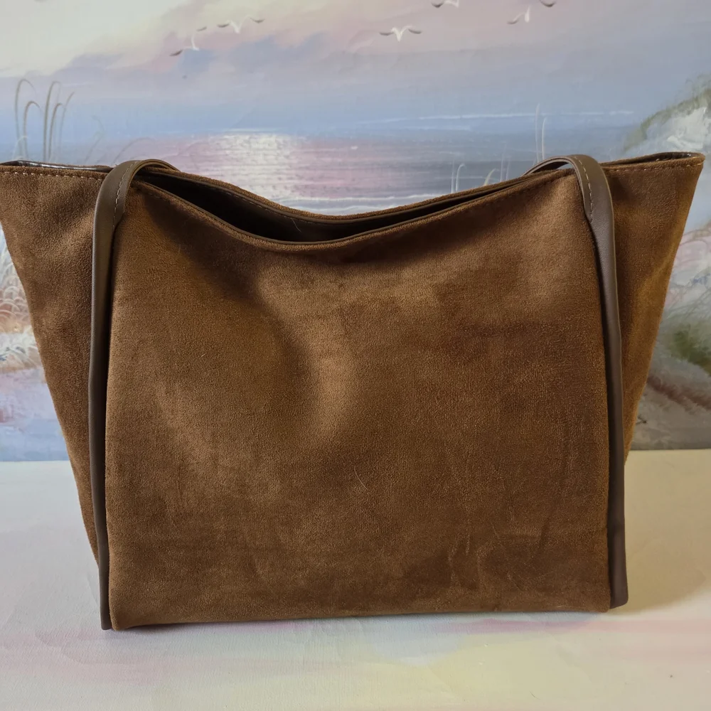 Brown Suede Tote Bag with Logo Accent - Picture 9 of 10